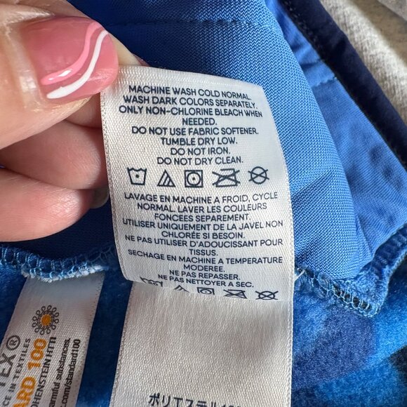 Lands End Womens Fleece Pullover Size Blue Patchwork Pattern Sweatshirt Comfy - Picture 8 of 9